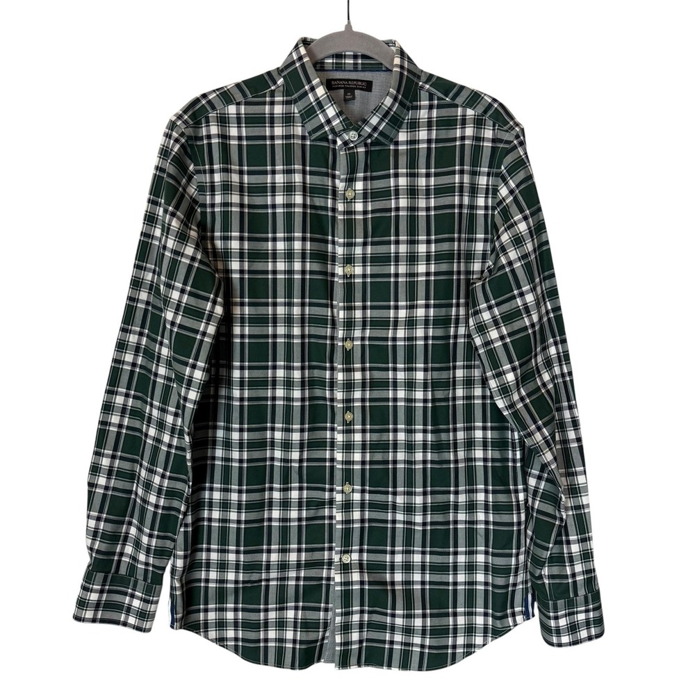 Banana‎ Republic Shirt Mens Medium Green Plaid Long Sleeve Button Down Slim Fit